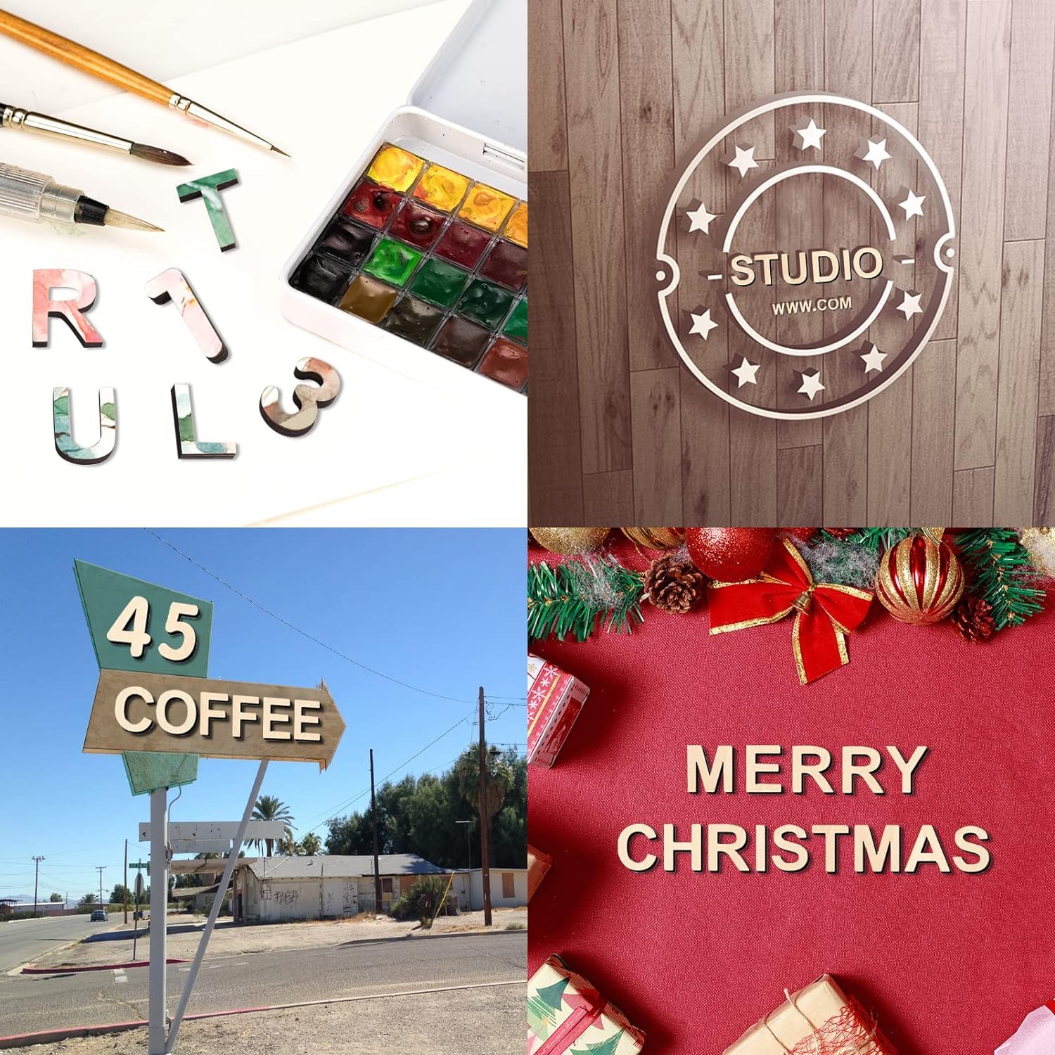 Collage of various images including watercolor paints, a wooden sign with 'Studio' logo, a coffee shop sign, and Christmas-themed decorations.