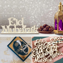 Collage of Eid Mubarak decorations including a wooden sign, lantern, dates, and Quran with 'Eid Mubarak' text.