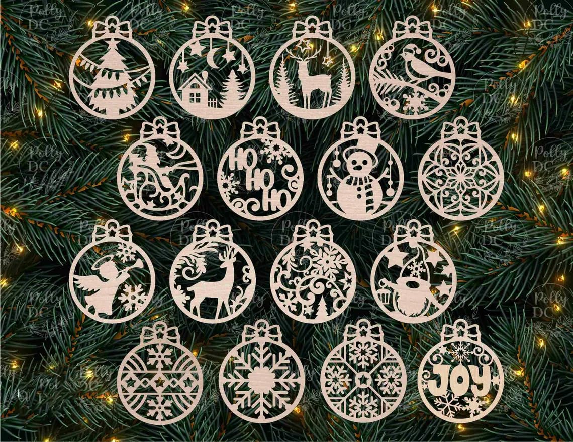 Set of Christmas-themed cut-out decorations on a green leafy background with lights.