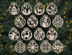 Set of Christmas-themed cut-out decorations on a green leafy background with lights.