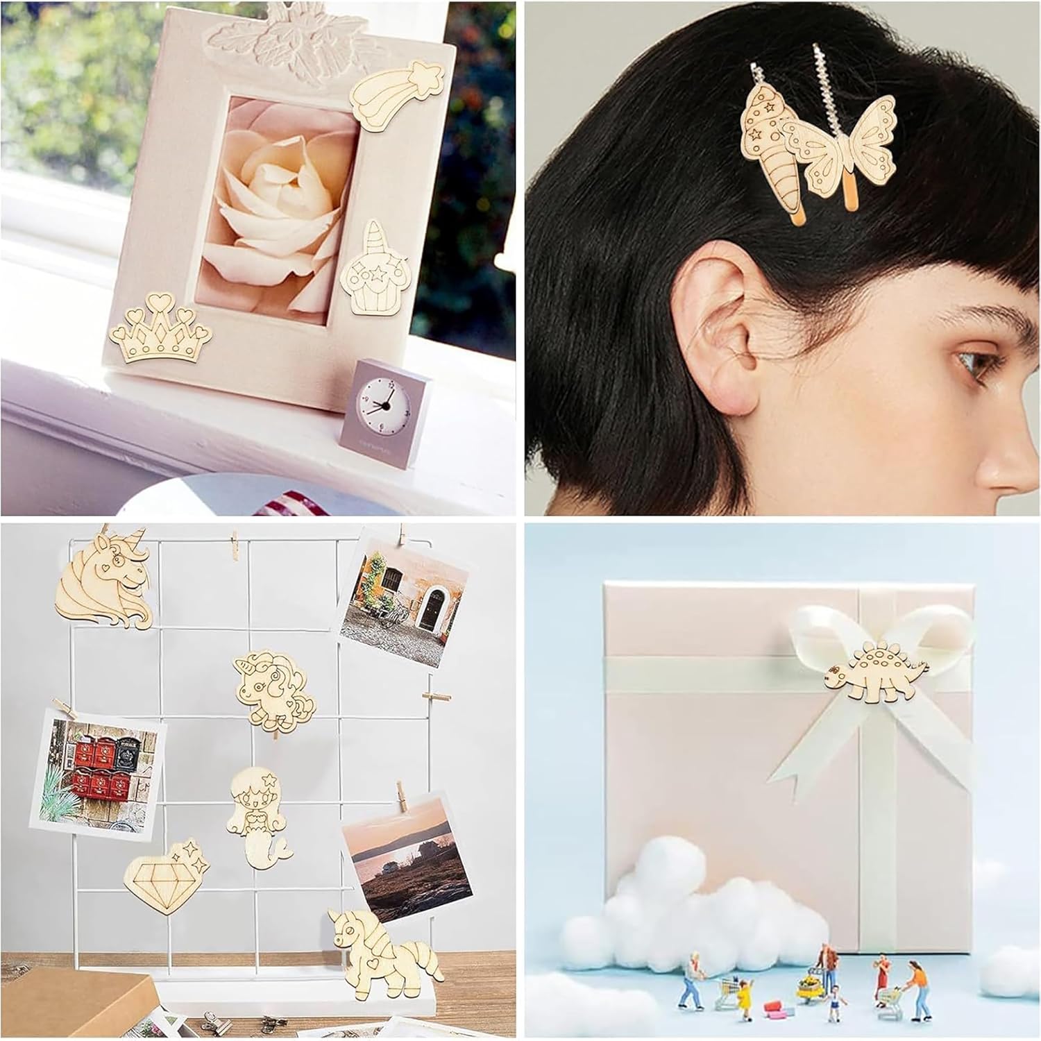 Decorative gold photo frames and hair clips with a focus on design and use.