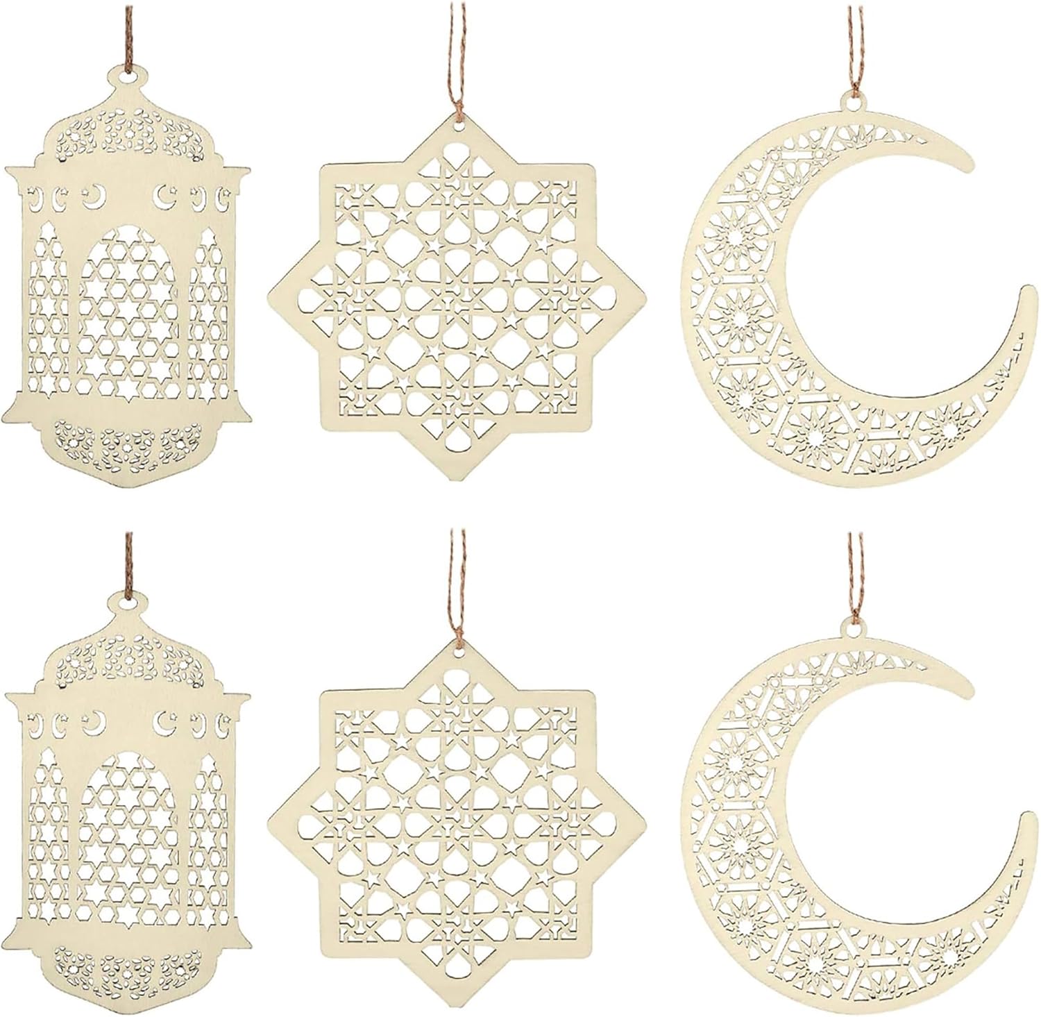 Set of six decorative metal ornaments with geometric patterns on a white background