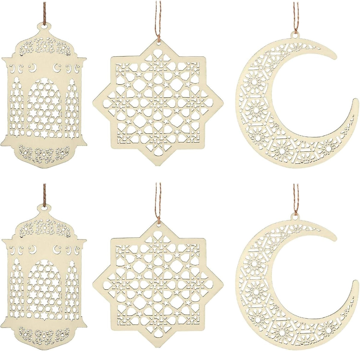 Set of six decorative metal ornaments with geometric patterns on a white background