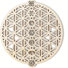 Decorative wall art with geometric patterns and symbols on a white background