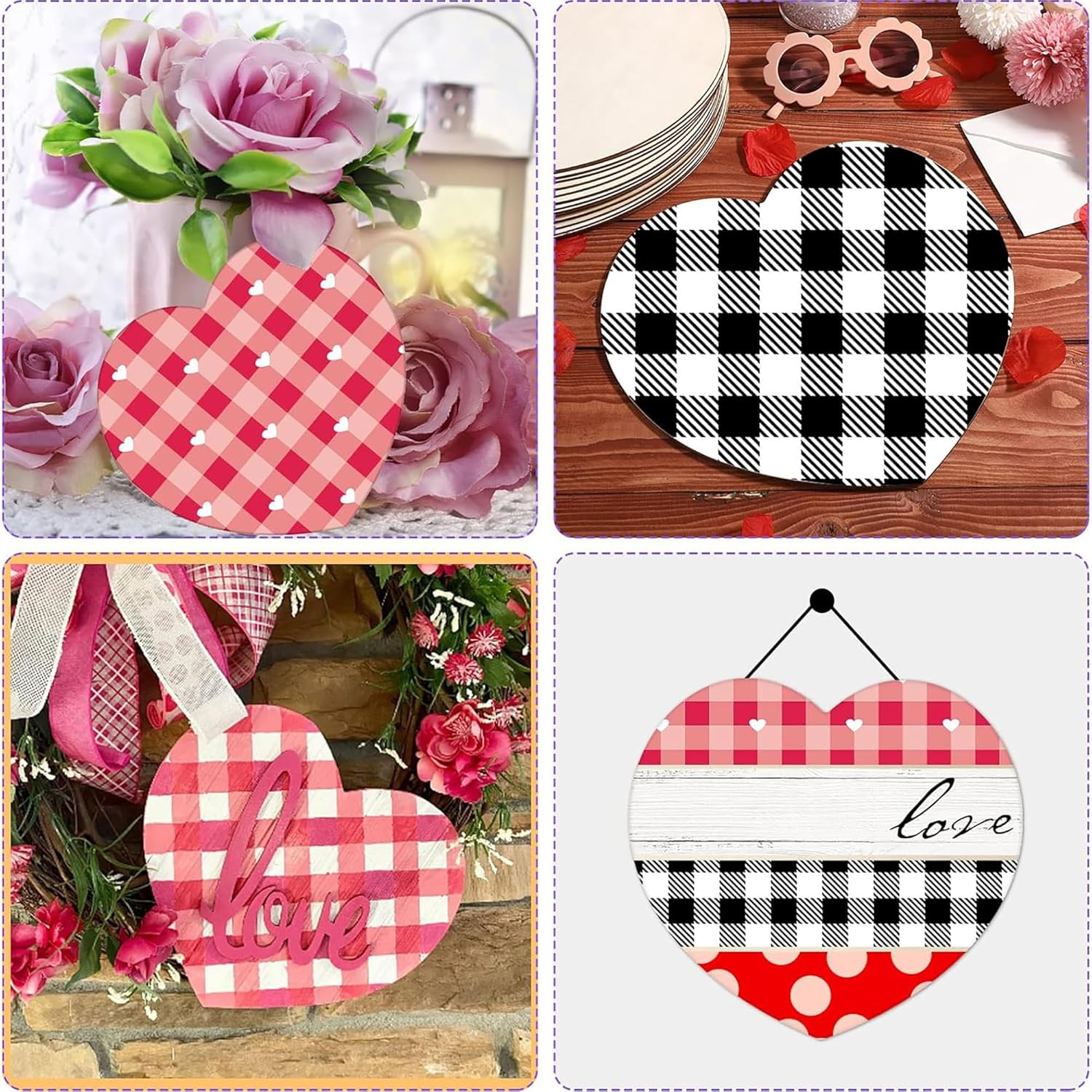 Set of heart-shaped decorative items with checkered patterns and 'love' text, surrounded by flowers.