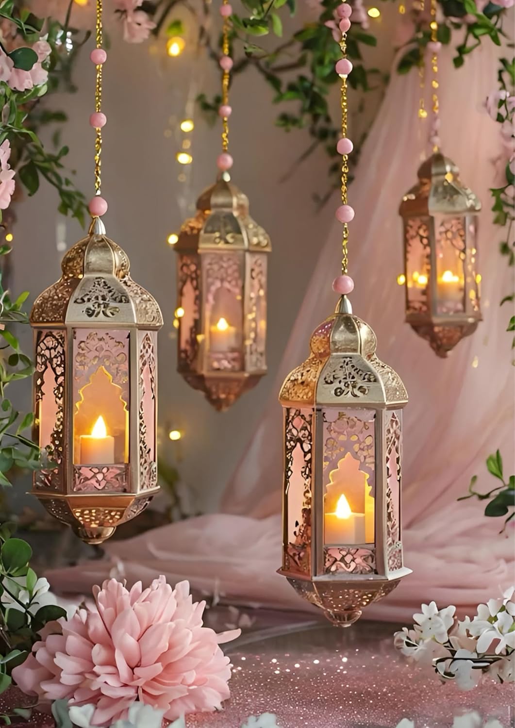 Decorative hanging lanterns with candles in a romantic setting with flowers and soft lighting.