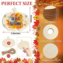 Autumn-themed wooden cutouts with measurements and materials on an orange background
