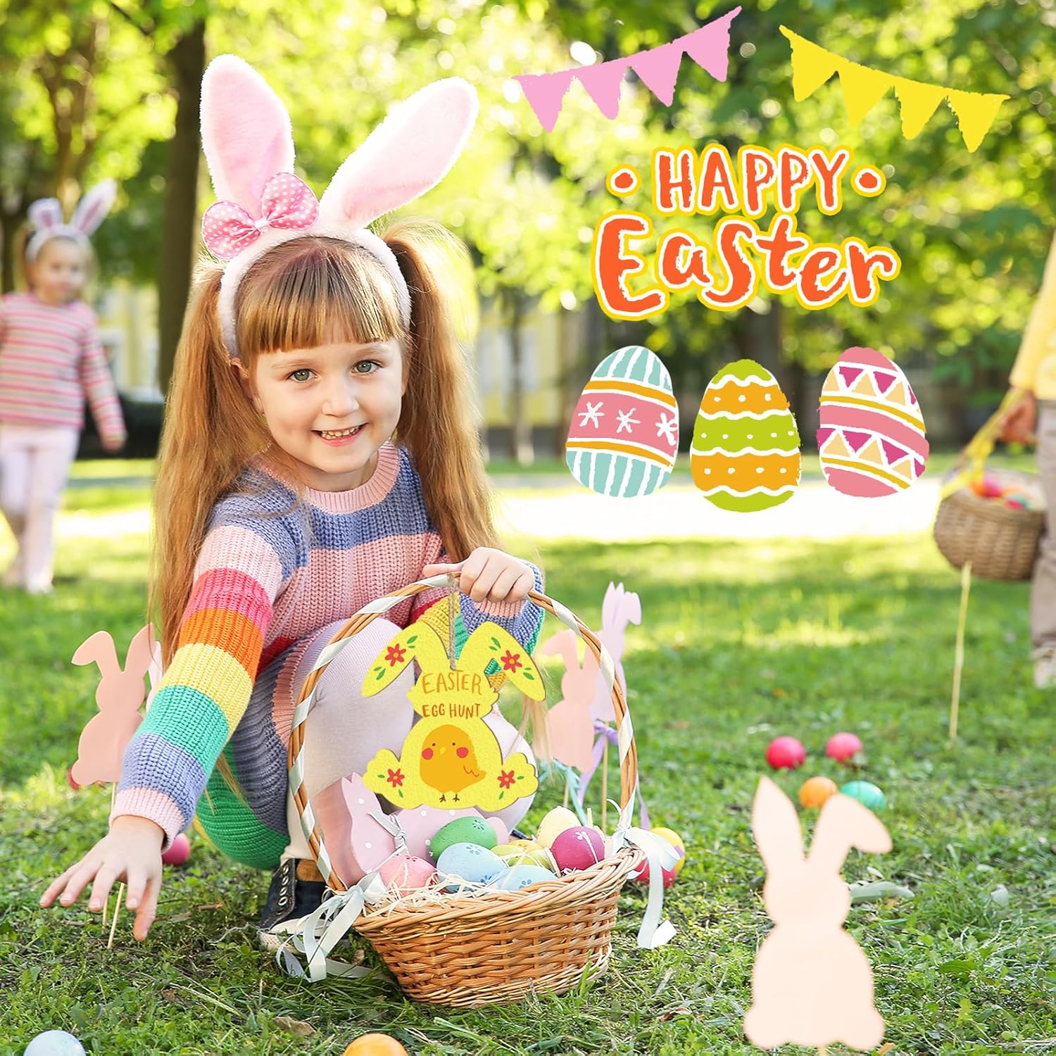 Child with bunny ears holding an Easter basket in a park with 'Happy Easter' text and eggs.