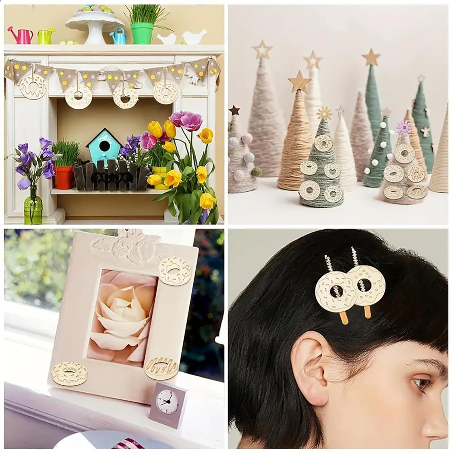 Collage of decorative items including a photo frame, hair accessories, and small trees.
