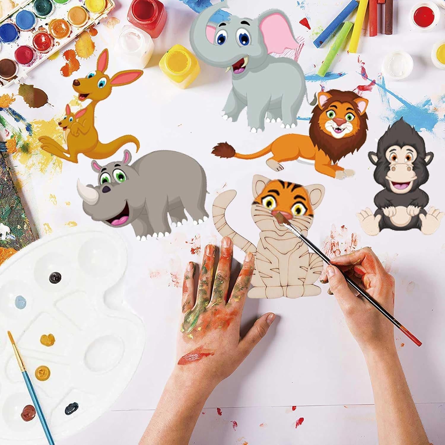 Children painting animal-themed cardboard cutouts with various art supplies on a white background.