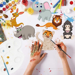 Children painting animal-themed cardboard cutouts with various art supplies on a white background.
