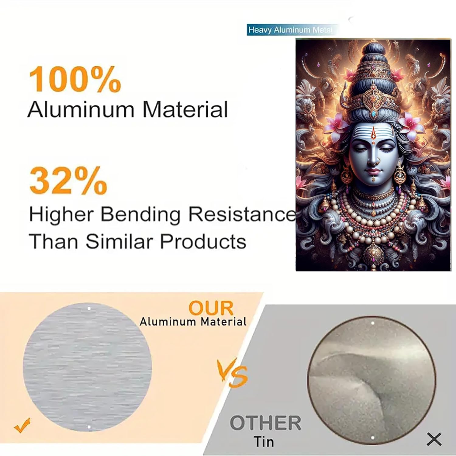 Comparison of aluminum material with tin, highlighting properties and a deity image.