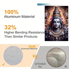 Comparison of aluminum material with tin, highlighting properties and a deity image.