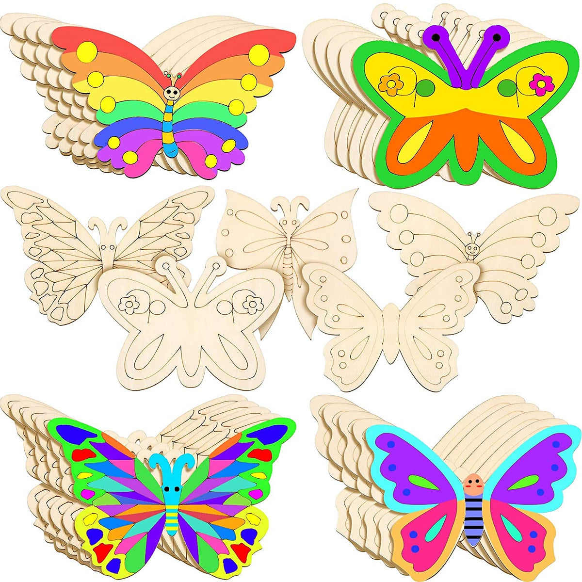 Set of colorful butterfly-shaped wooden toys on a white background