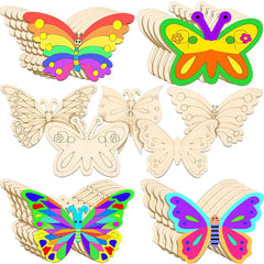 Set of colorful butterfly-shaped wooden toys on a white background