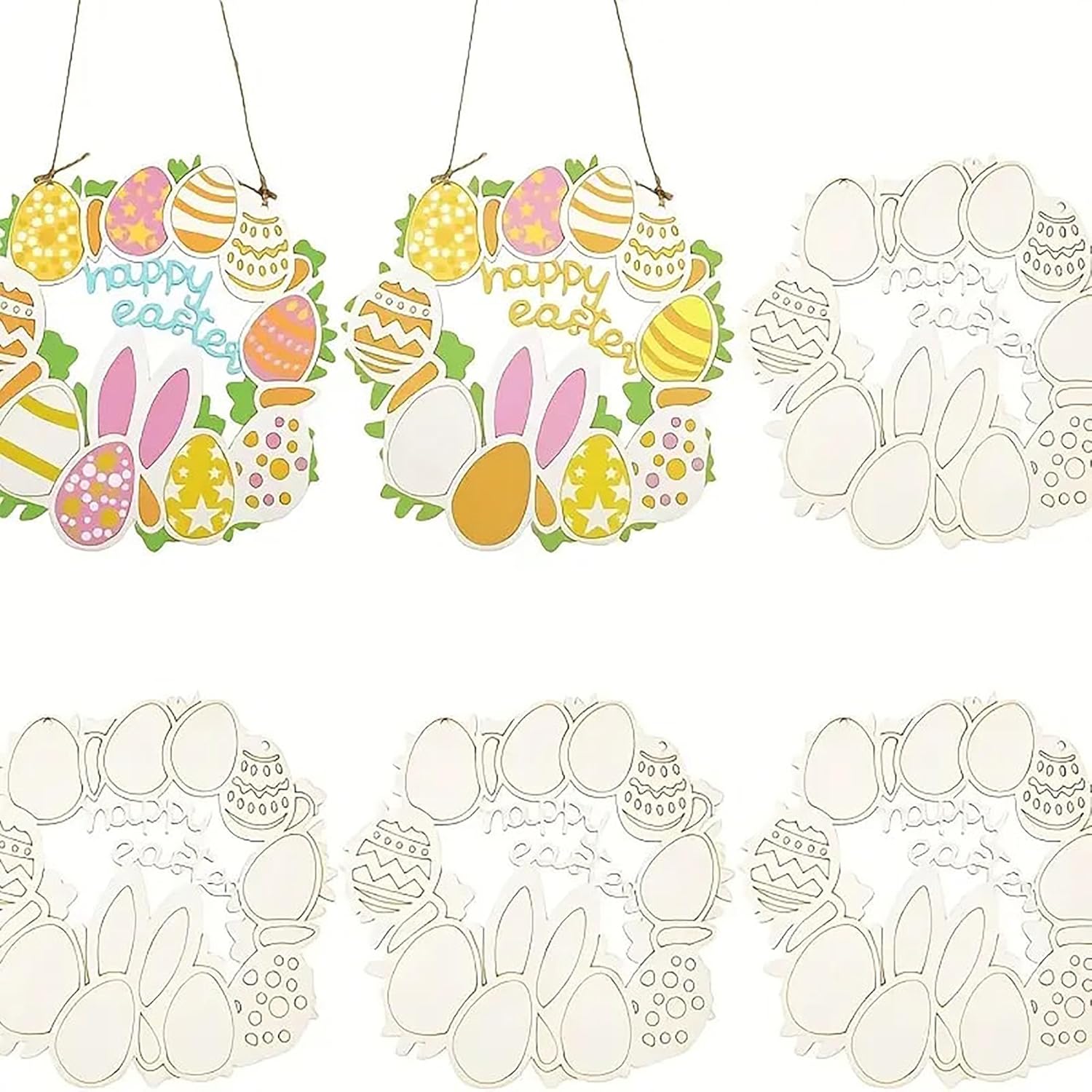 Set of Easter-themed paper cutouts including wreaths, eggs, and bunnies on a white background.