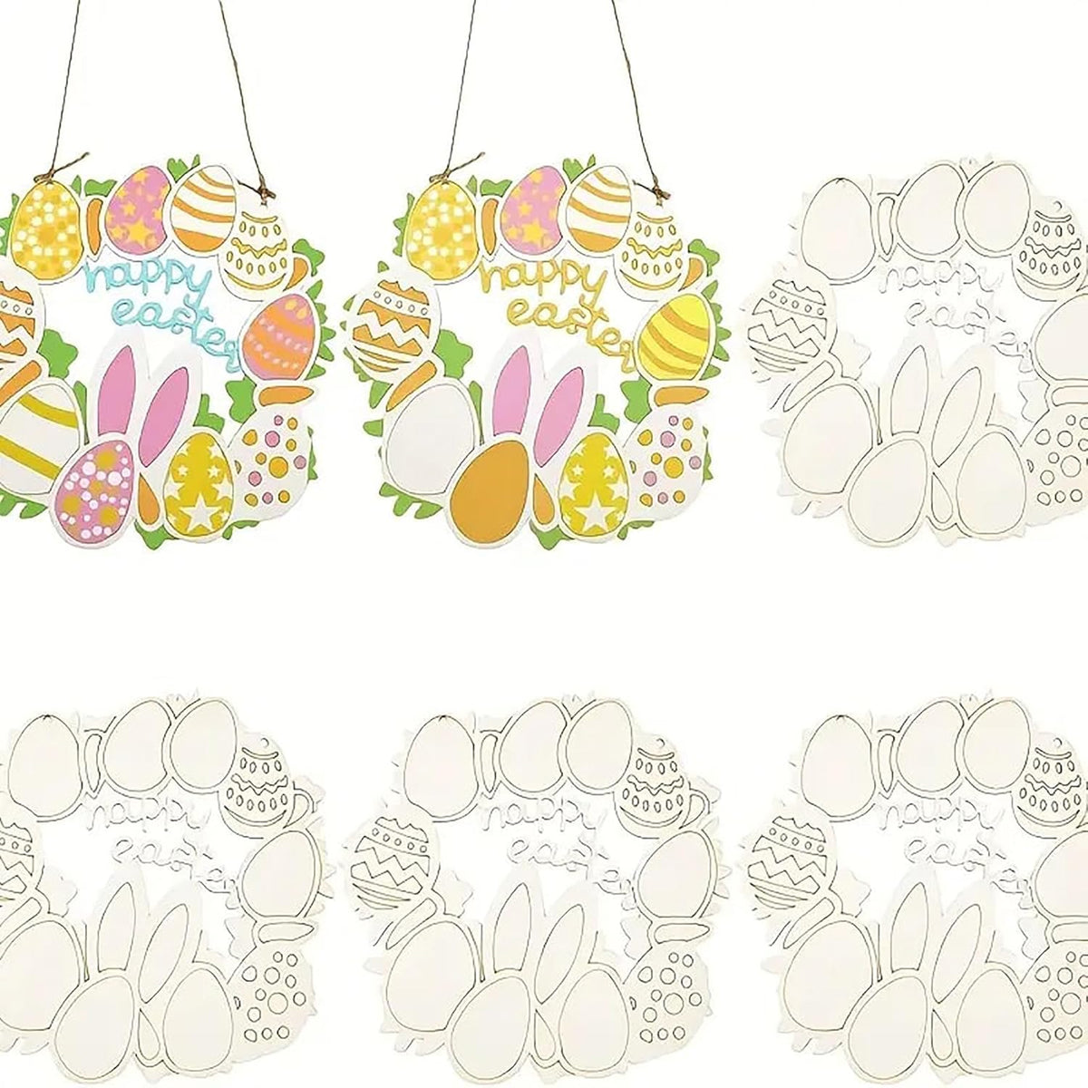 Set of Easter-themed paper cutouts including wreaths, eggs, and bunnies on a white background.