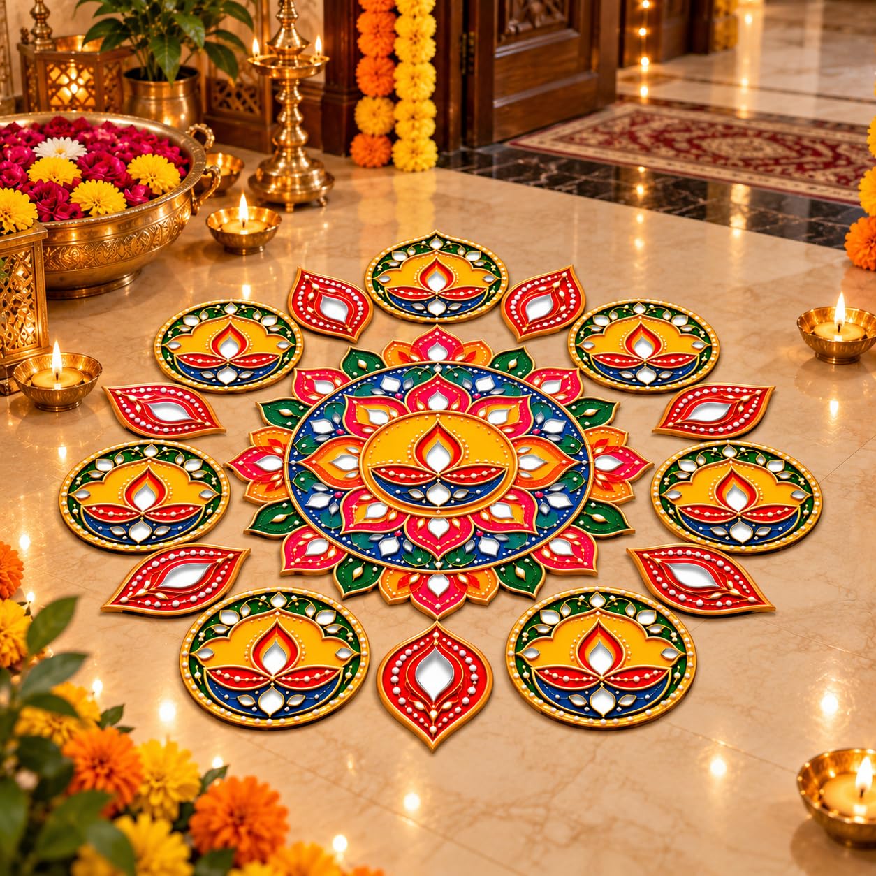 Diwali table decoration with red leaves design