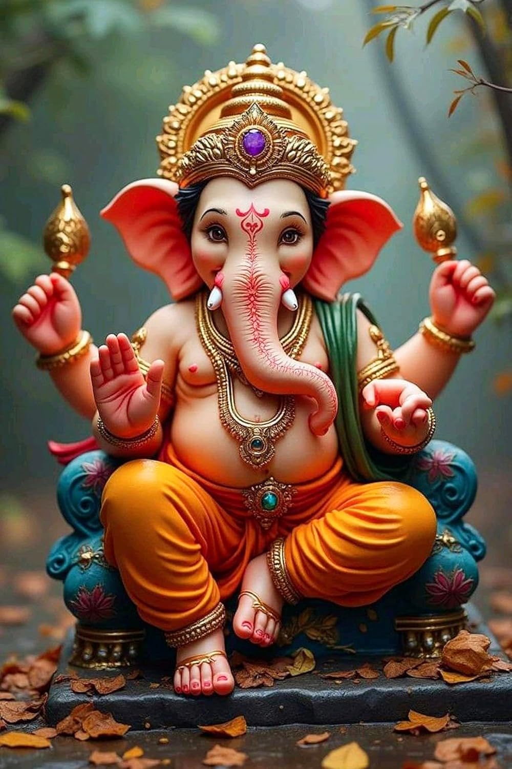 Colorful statue of a deity with elephant head and traditional attire on a natural background