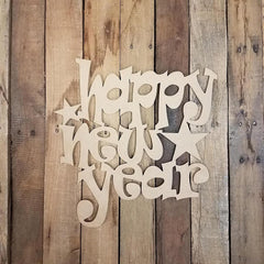 Wooden 'Happy New Year' decoration on a rustic wooden background