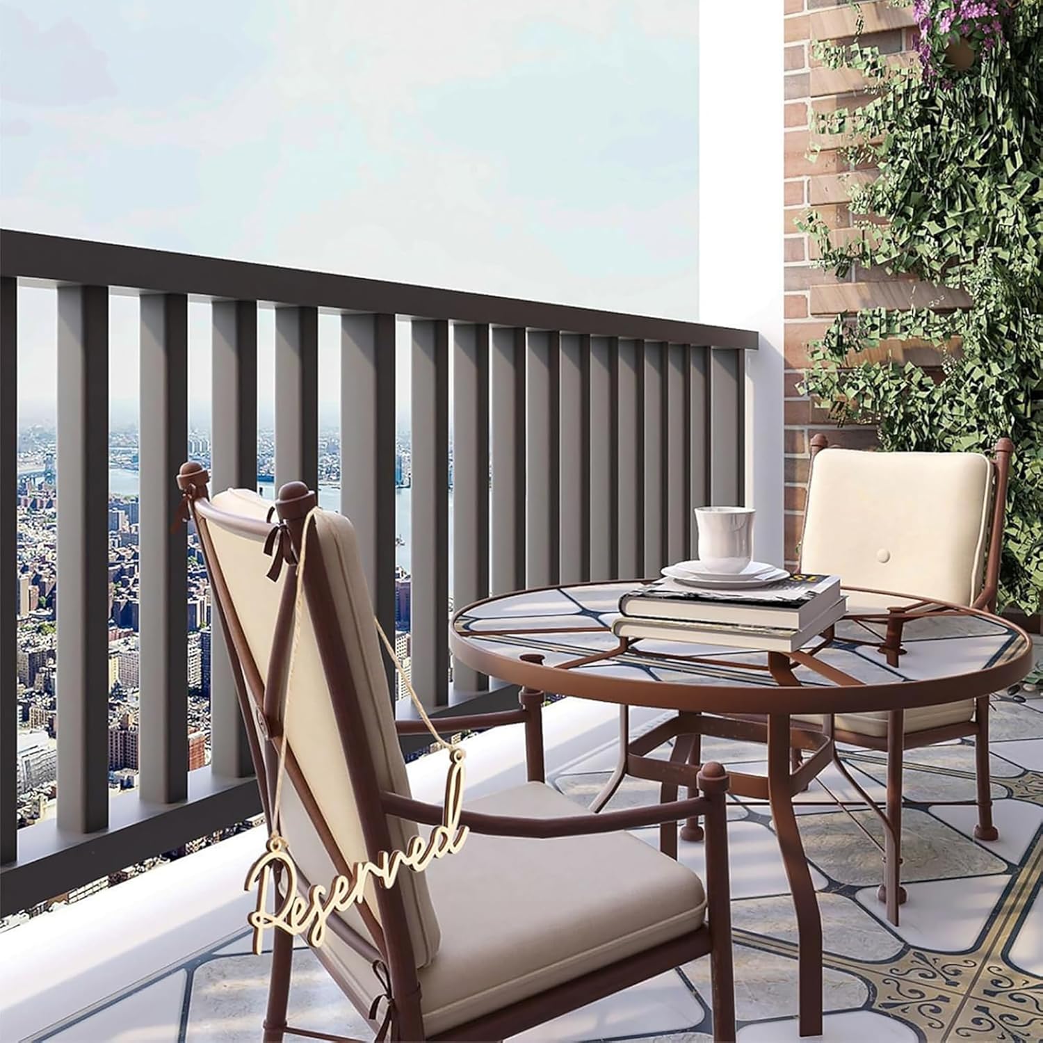Outdoor patio set with chairs and table on a balcony with cityscape view