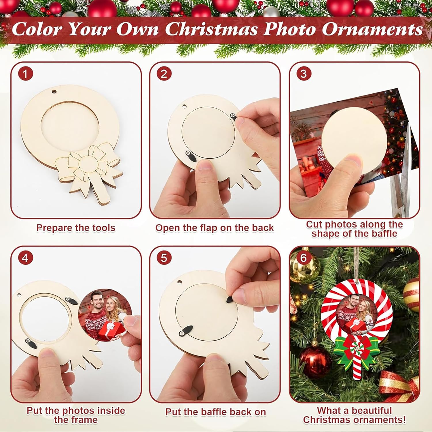 Step-by-step guide on how to color your own Christmas photo ornaments with tools and a baffle.