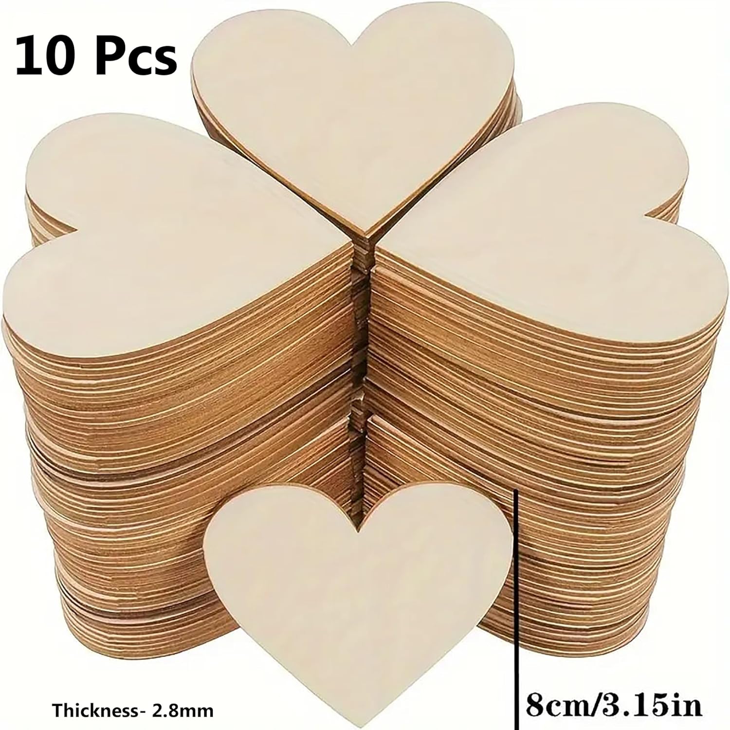 Stack of wooden heart shapes with dimensions and quantity indicated