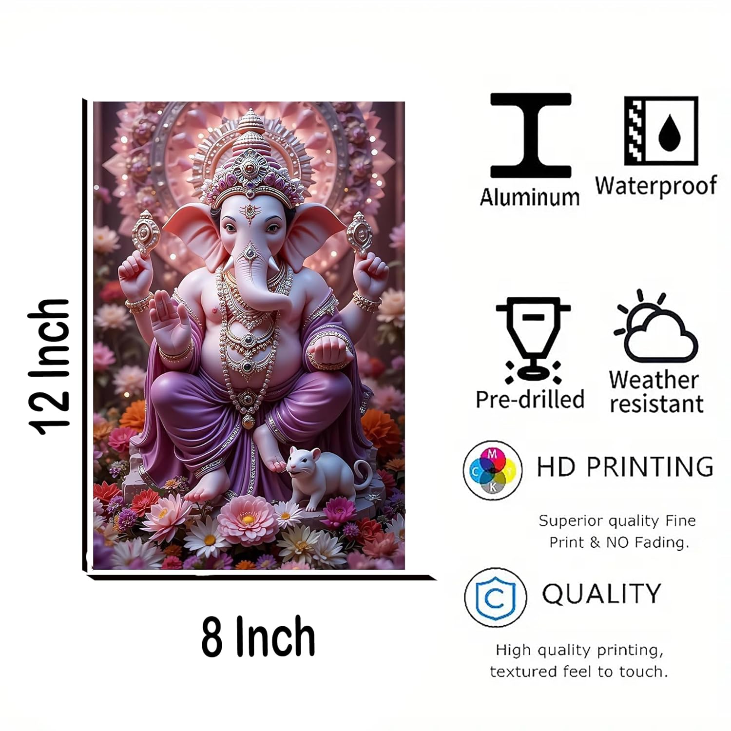 Decorative poster of a神像 with product features listed on the right.