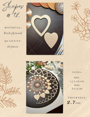 Birch plywood heart-shaped cutouts with product details on a decorative background.