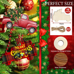 Christmas-themed product packaging with a red truck, ornaments, and decorative elements.