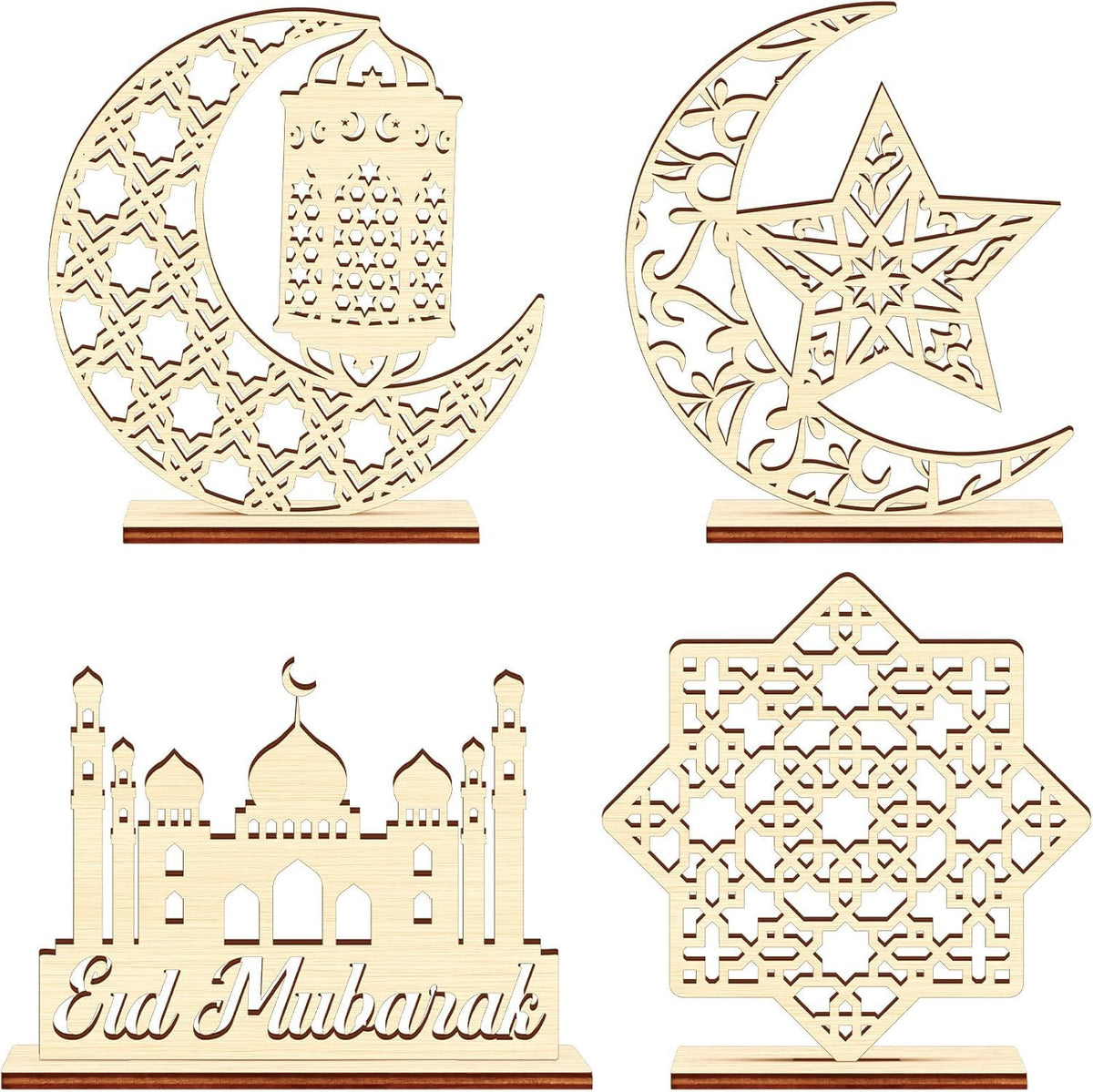 Set of four wooden cutout designs including a crescent moon, star, mosque, and 'Eid Mubarak' text on a white background.