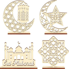Set of four wooden cutout designs including a crescent moon, star, mosque, and 'Eid Mubarak' text on a white background.