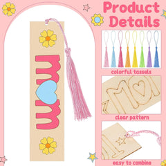 Bookmark with 'mom' design and colorful tassel on a pink background