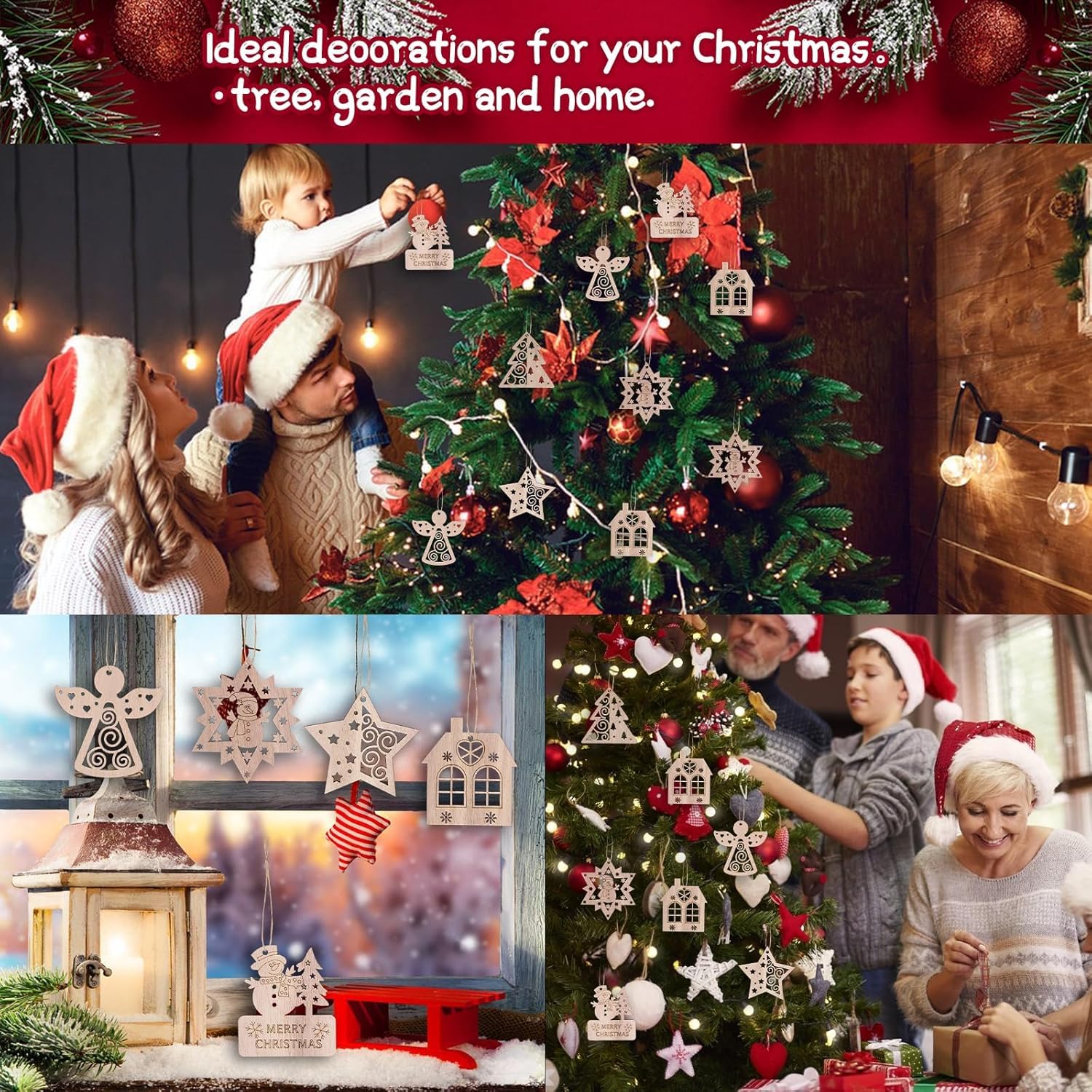Collage of people decorating a Christmas tree with various ornaments and lights.