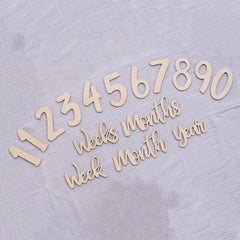 Wooden numbers and text pieces on a textured light gray background