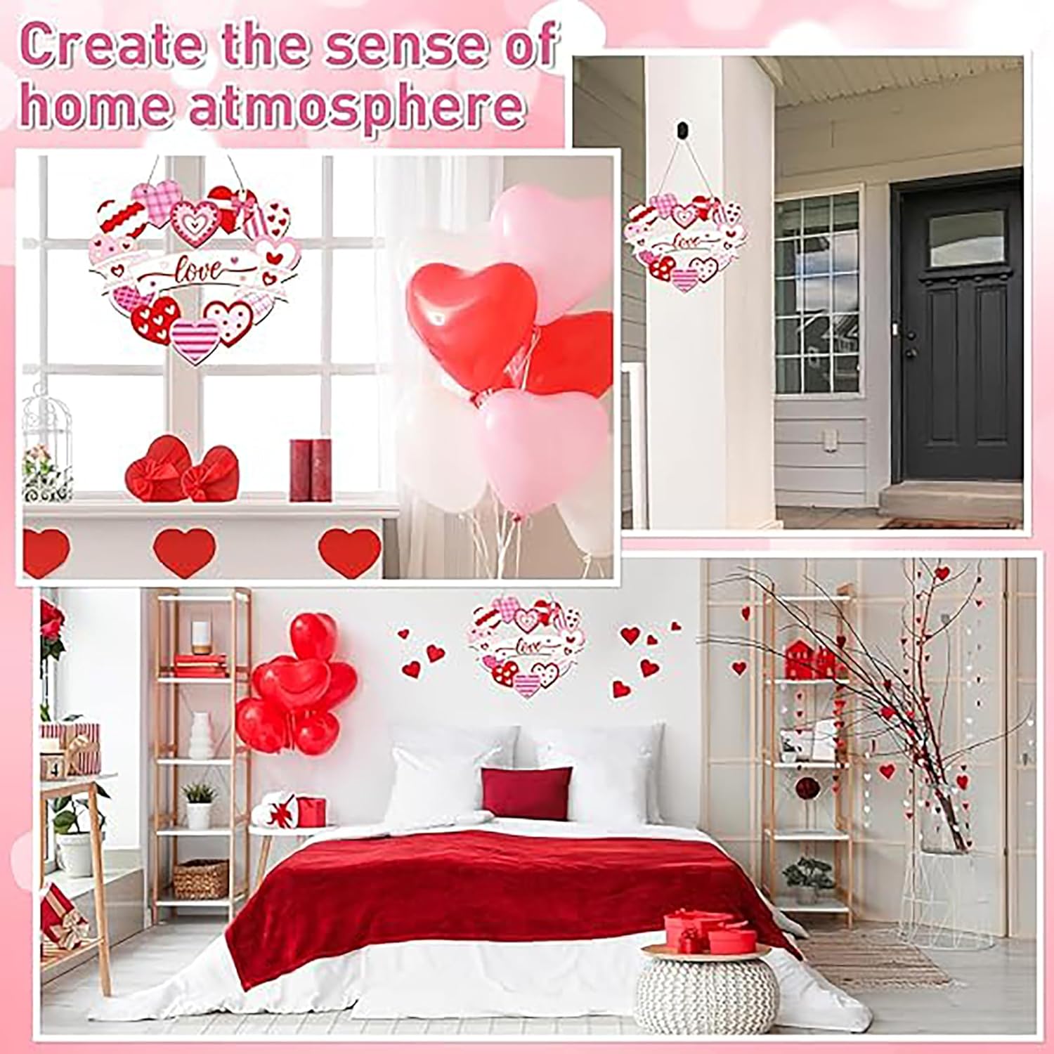 Home decor collage with heart-shaped balloons and wall stickers for a romantic atmosphere.