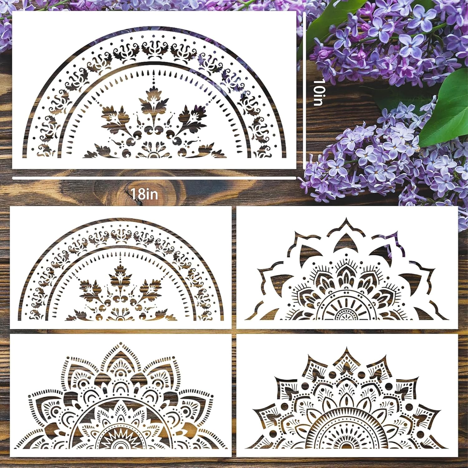 Set of decorative stencils with floral and mandala designs on a wooden surface with purple flowers.