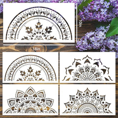 Set of decorative stencils with floral and mandala designs on a wooden surface with purple flowers.