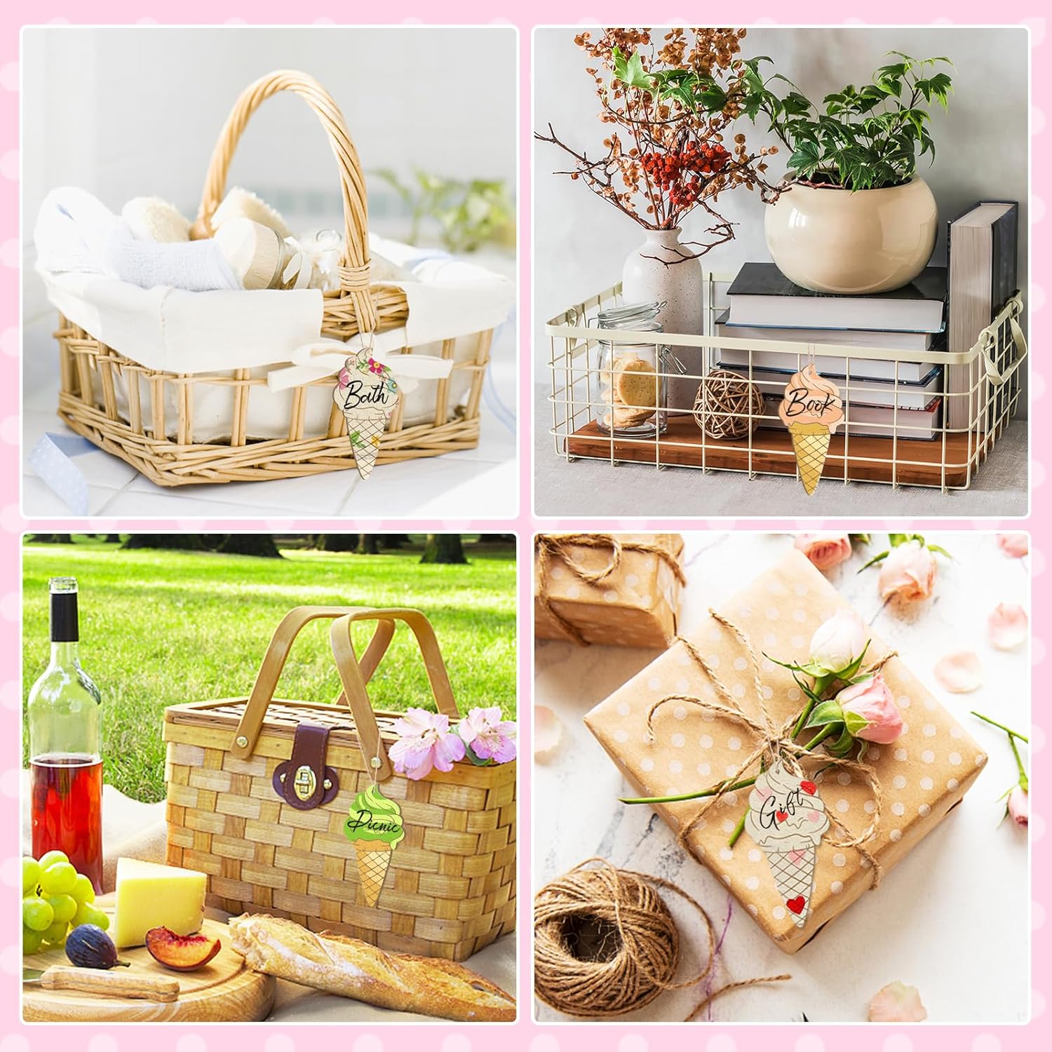 Collage of gift baskets, plants, picnic setup, and wrapped gifts with decorative tags.