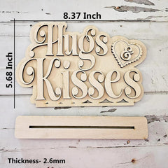 Wooden decorative sign with 'Hugs & Kisses' text and measurements on a rustic wooden background