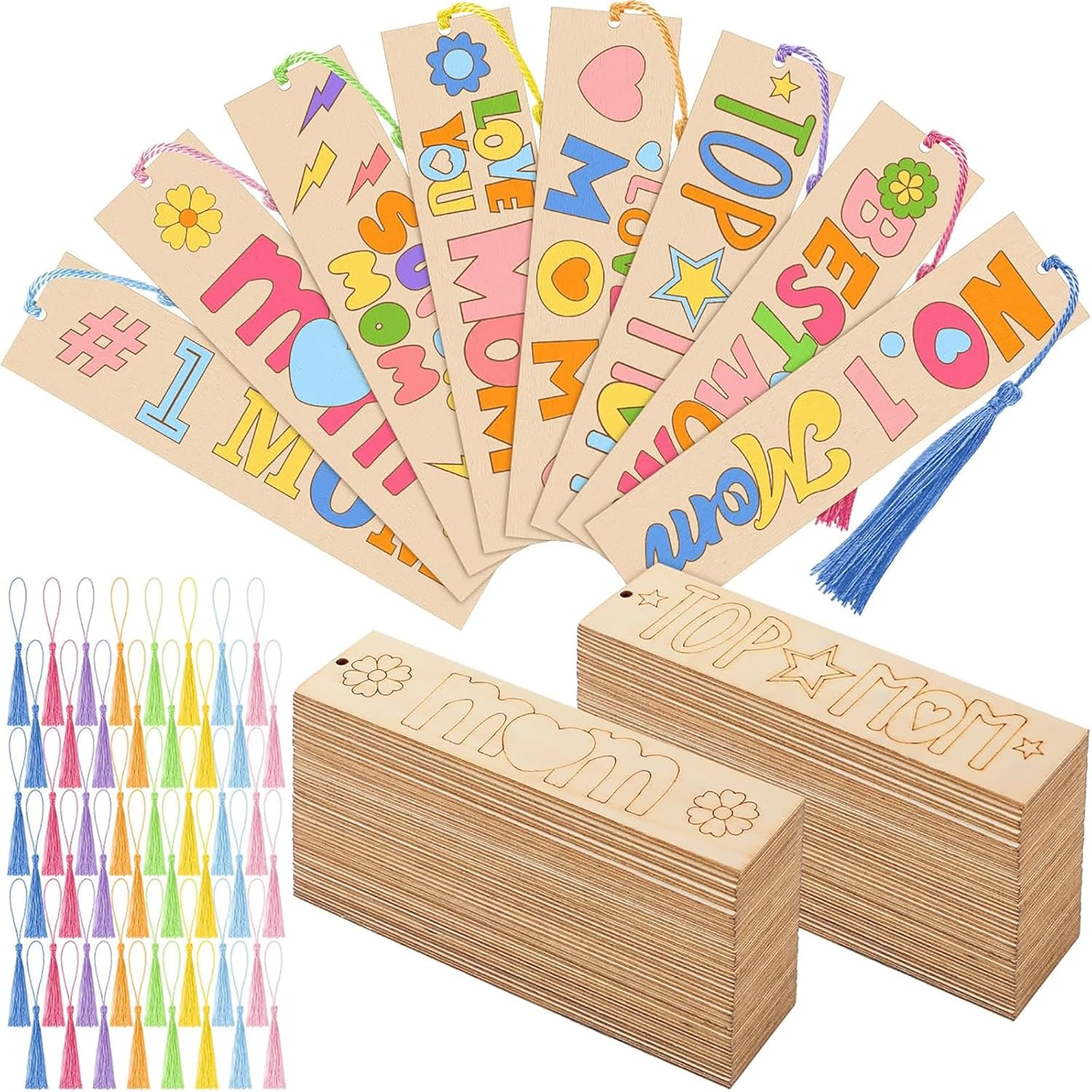 Set of wooden bookmarks with colorful text and tassels on a white background