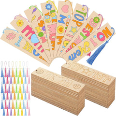Set of wooden bookmarks with colorful text and tassels on a white background