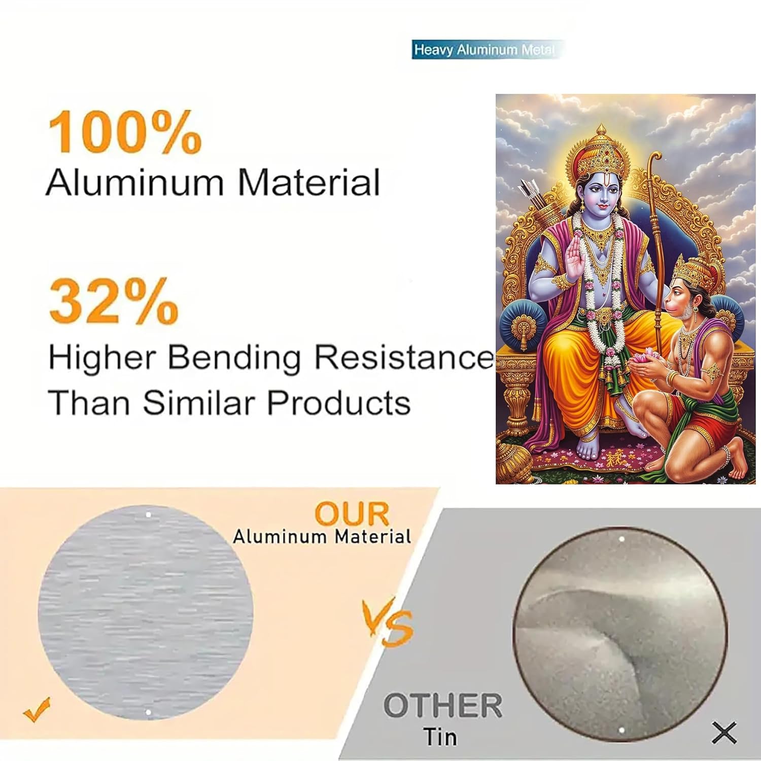 Advertisement showcasing aluminum material with religious iconography and comparative testing.