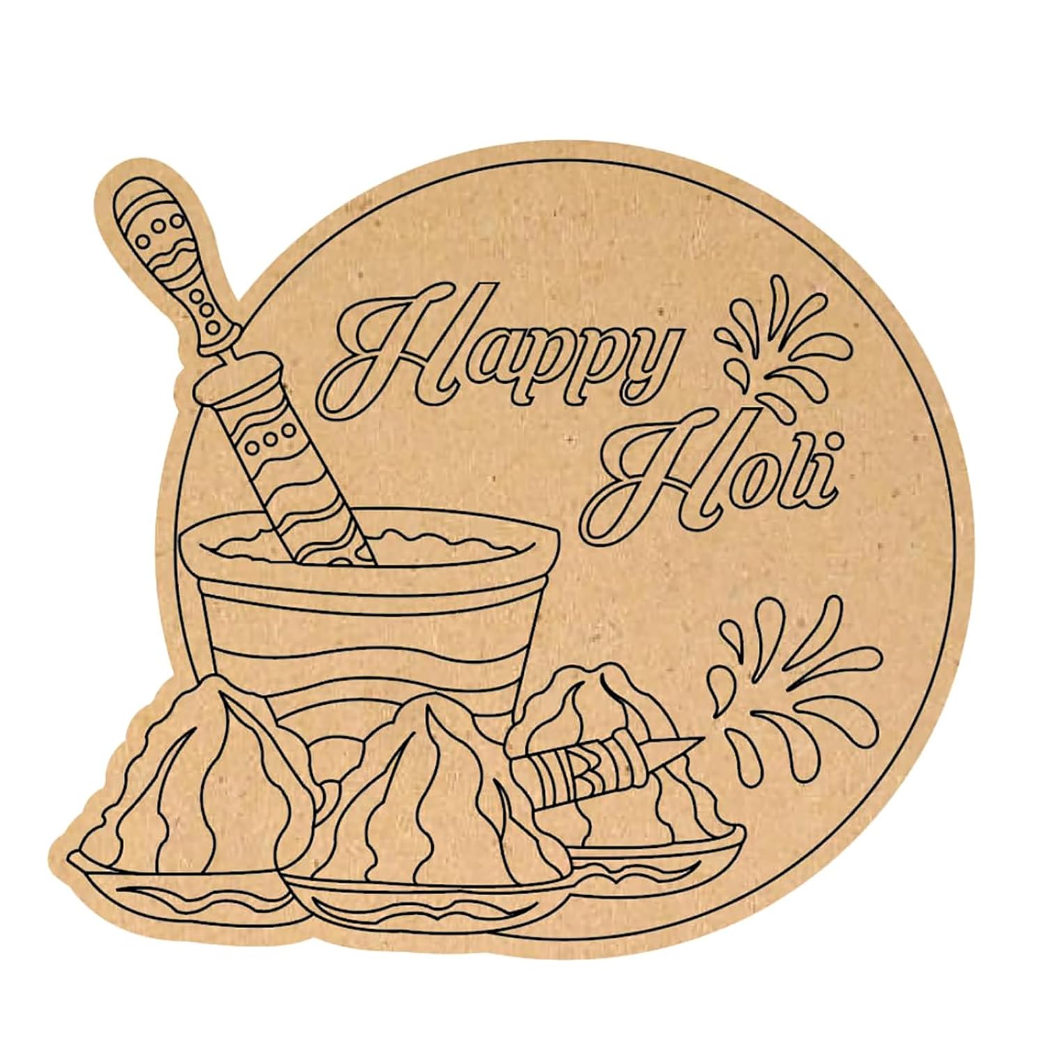 Cardboard coaster with a traditional Indian festival design featuring 'Happy Holi' text, a mortar and pestle, and colorful powder.