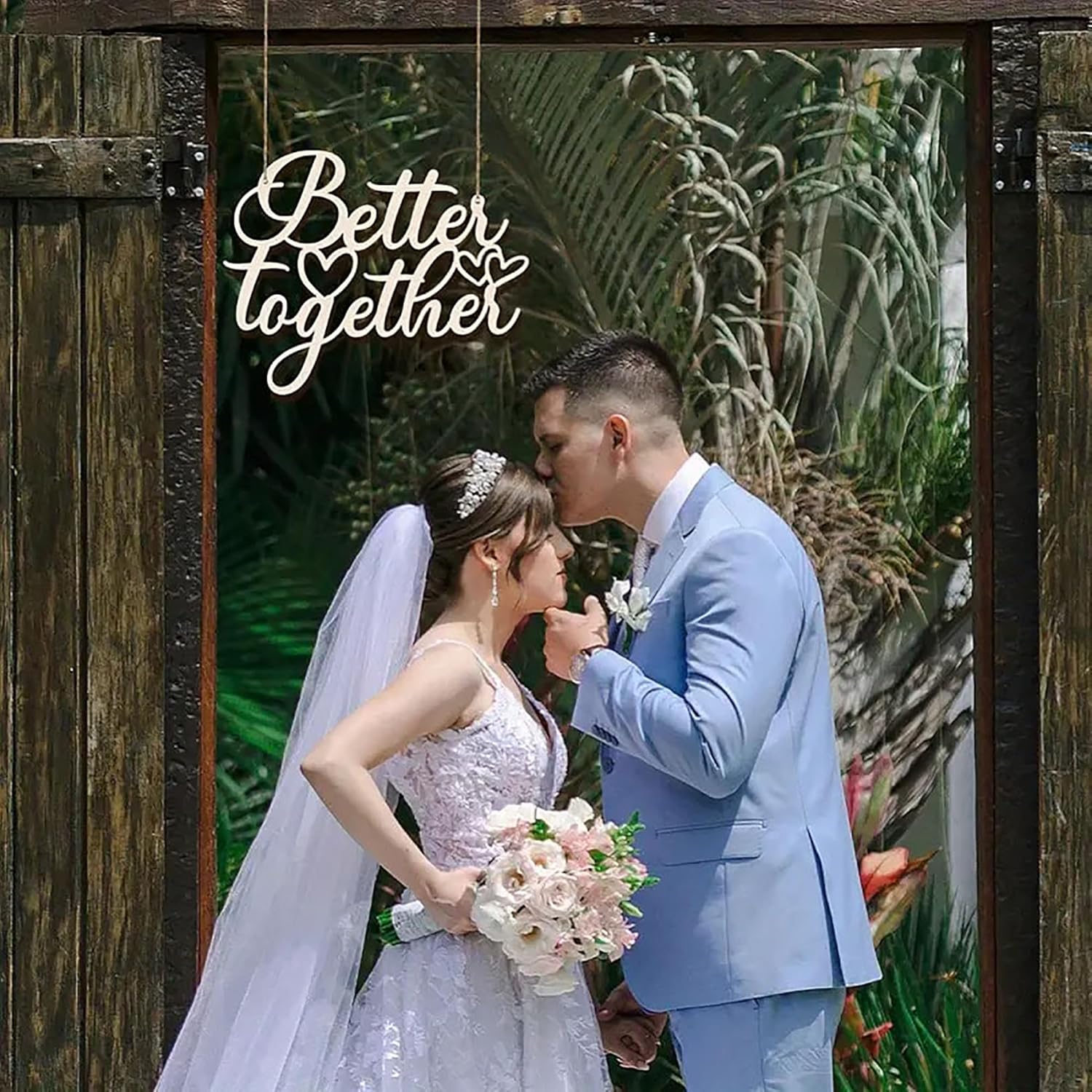 Wedding couple embracing with 'Better Together' text in a natural setting