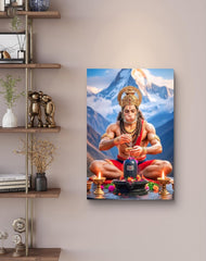 Canvas print of a神灵 figure in a mountainous setting on a wall above a shelf.