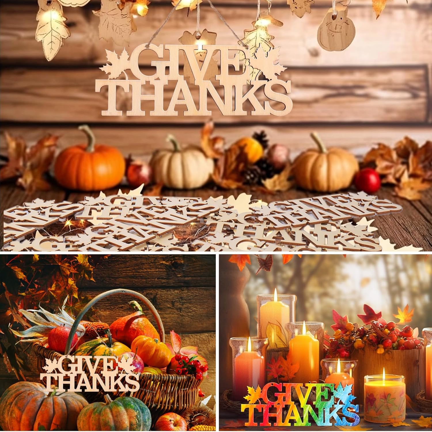 Collage of 'Give Thanks' signs with pumpkins and autumn decorations on a wooden background.