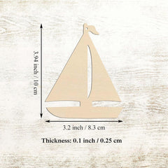 Wooden sailboat cutout with measurements on a textured beige background