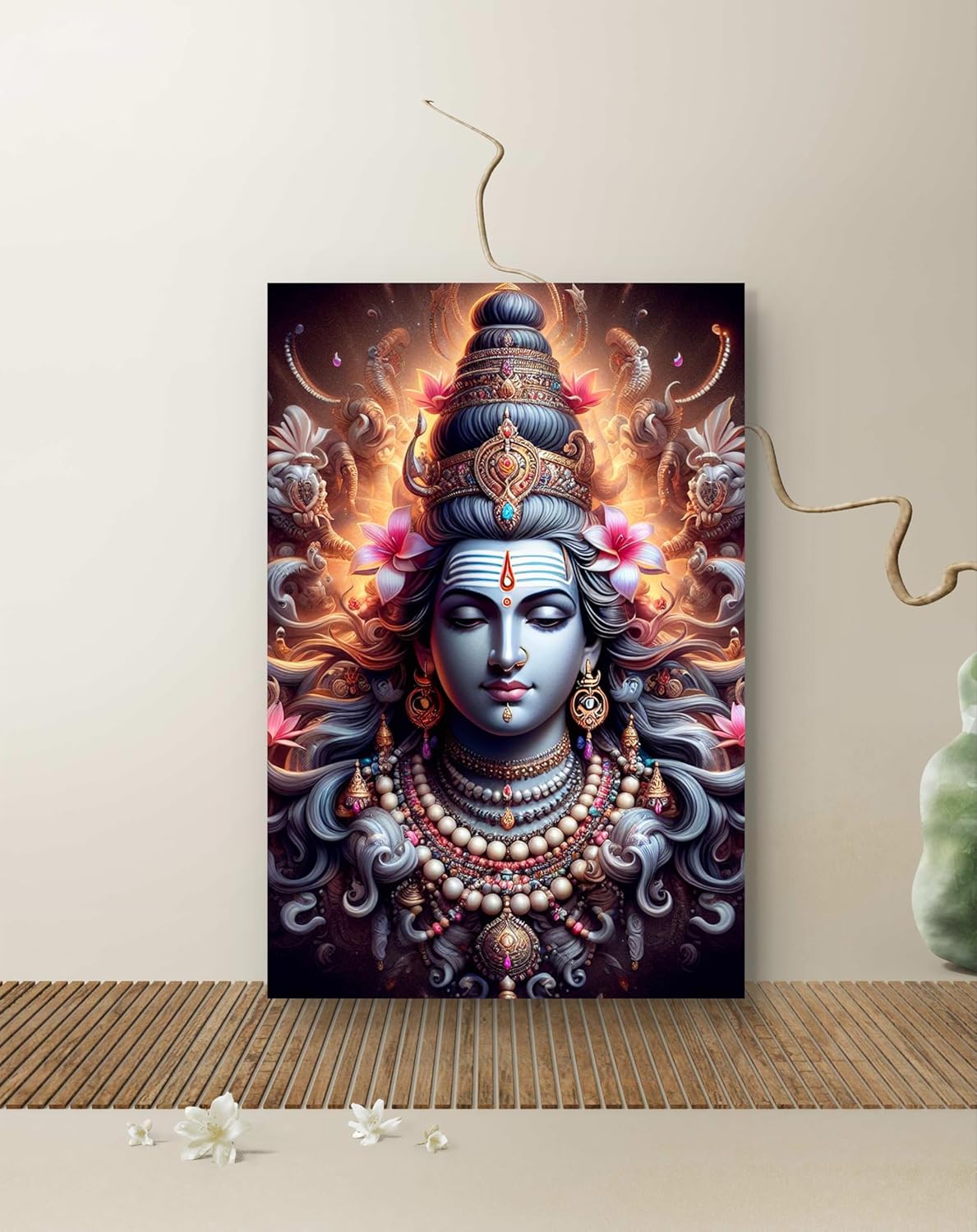 Canvas print of a deity with flowers on a wall