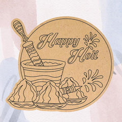 Circular design with a mortar and pestle, traditional attire, and 'Happy Holi' text on a textured background.